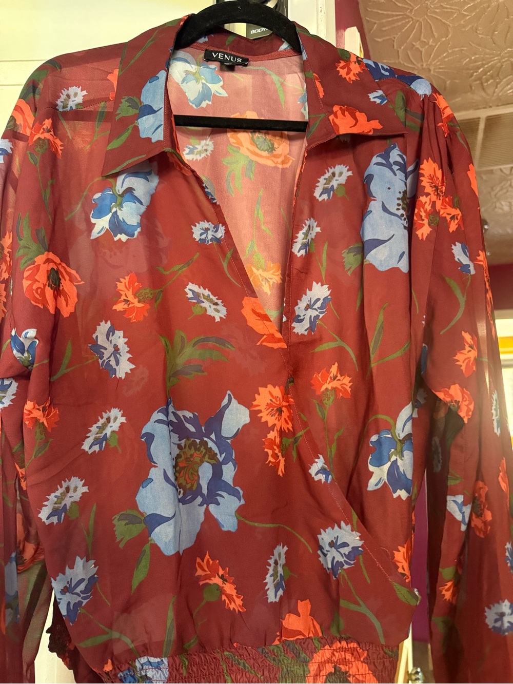 VENUS Maroon Floral Sheer Blouse with Blue and Green Accents - Picture 4 of 7